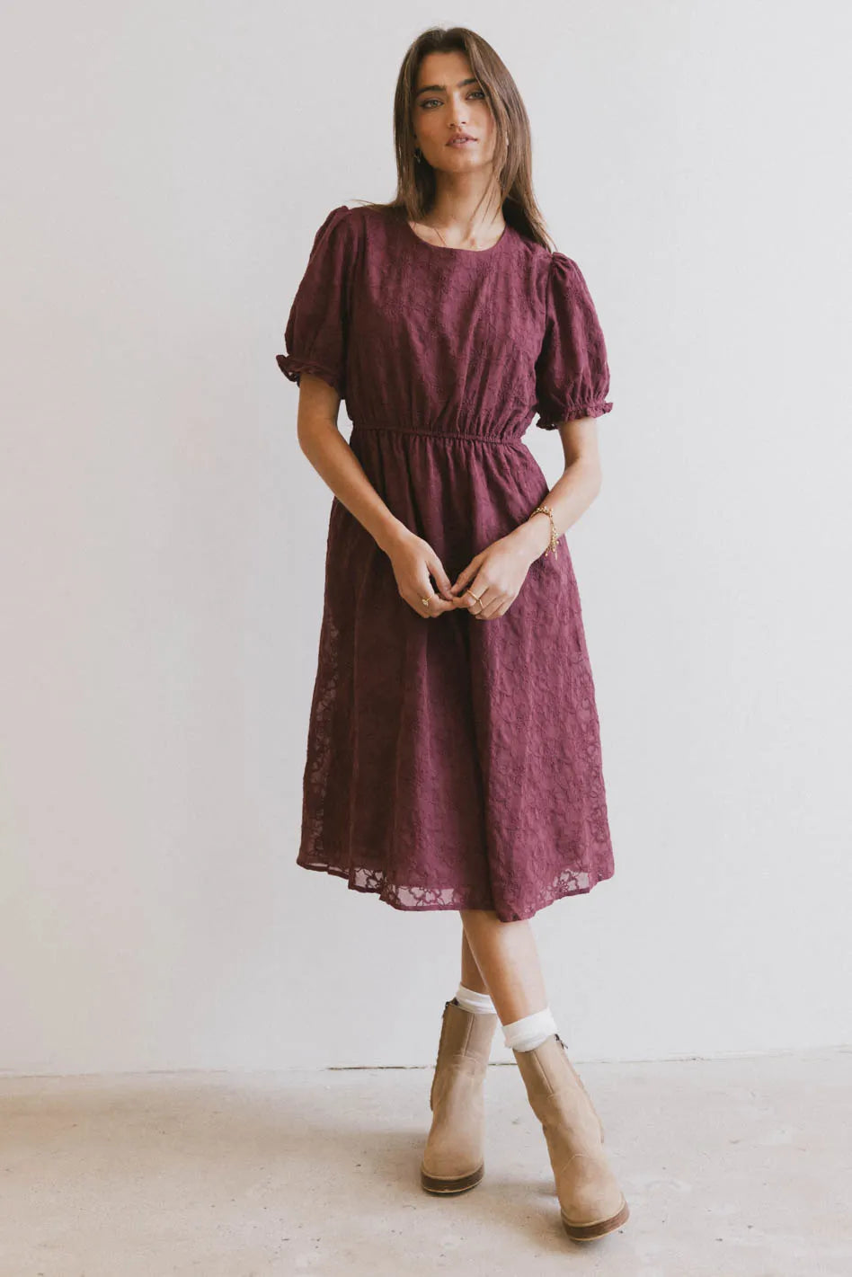 Cecy Embroidered Midi Dress in Burgundy