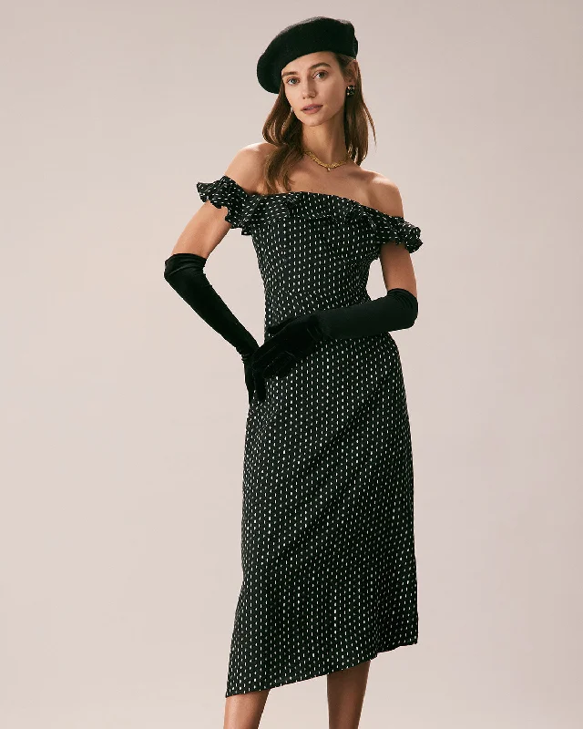 The Black Off The Shoulder Ruffle Midi Dress