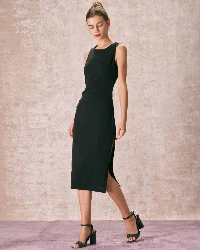 The Black Round Neck Ruched Tank Midi Dress