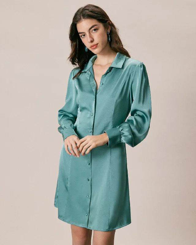 The Green Lapel Button Satin Shirt Mini Dress