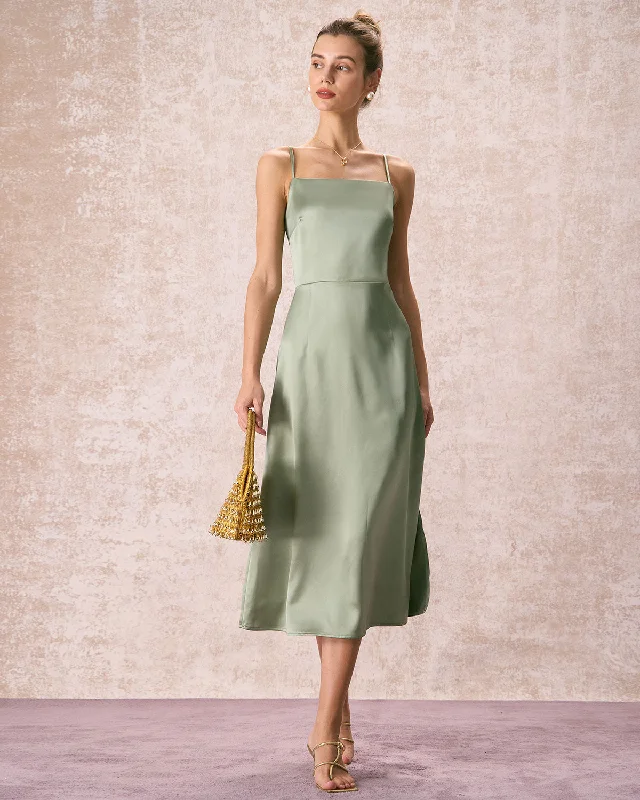 The Green Square Neck Satin Slip Midi Dress