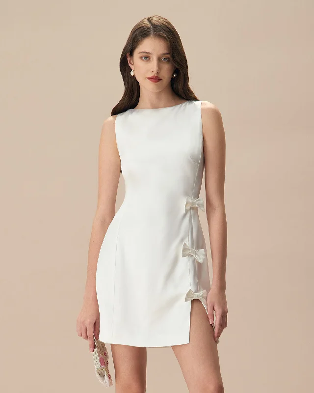 The White Boat Neck Bowknot Satin Mini Dress