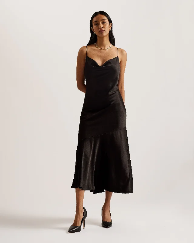 Tunca Satin Cowl Neck Evening Midi Dress Black