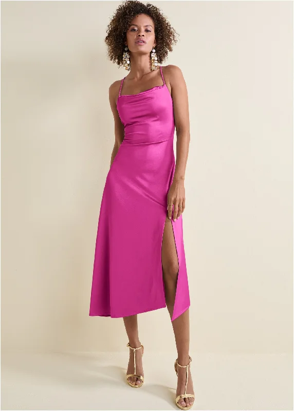 Satin Midi Dress  - Fuchsia