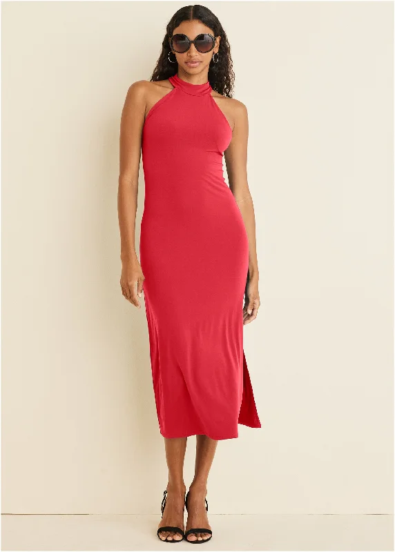 High Neck Midi Dress - Red