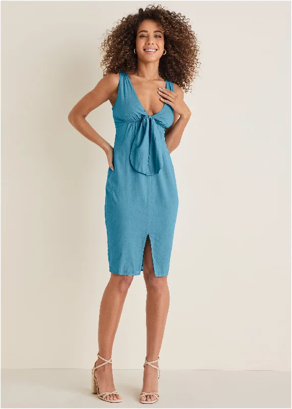 Tie Front Midi Dress - Blue