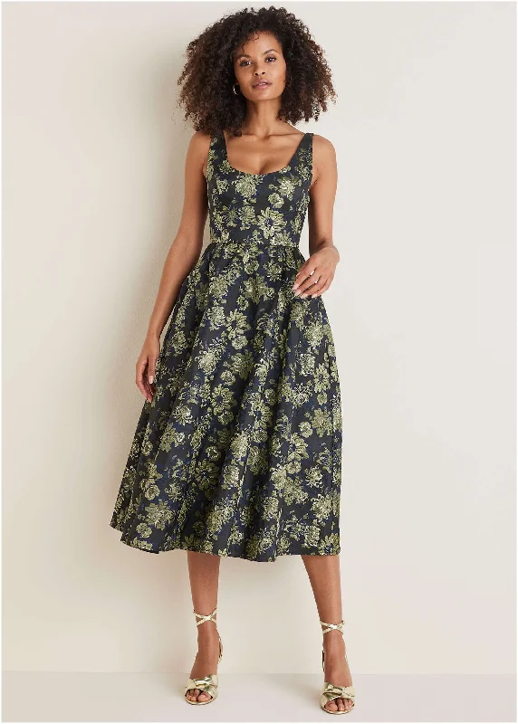 Floral Jacquard Midi Dress - Navy Combo