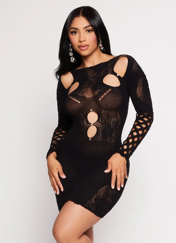 Seamless Rhinestone Long Sleeve Cut Out Mini Dress