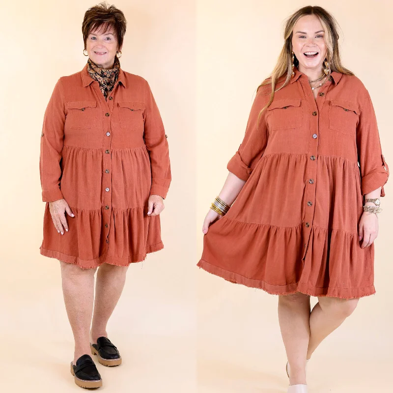 Chic Darling Ruffle Tiered Button Up Dress with Long Sleeves in Rust Orange