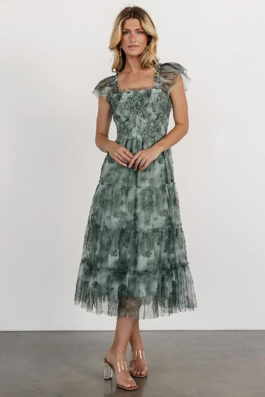 Clementine Tulle Midi Dress | Dusty Green Print