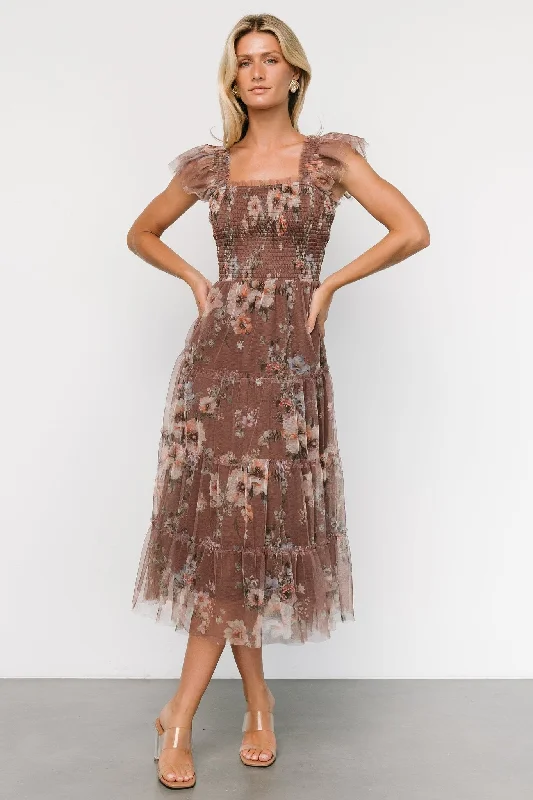 Clementine Tulle Midi Dress | Vintage Taupe Floral