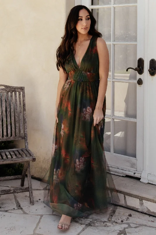 Kamila Tulle Maxi Dress | Olive Multi Floral