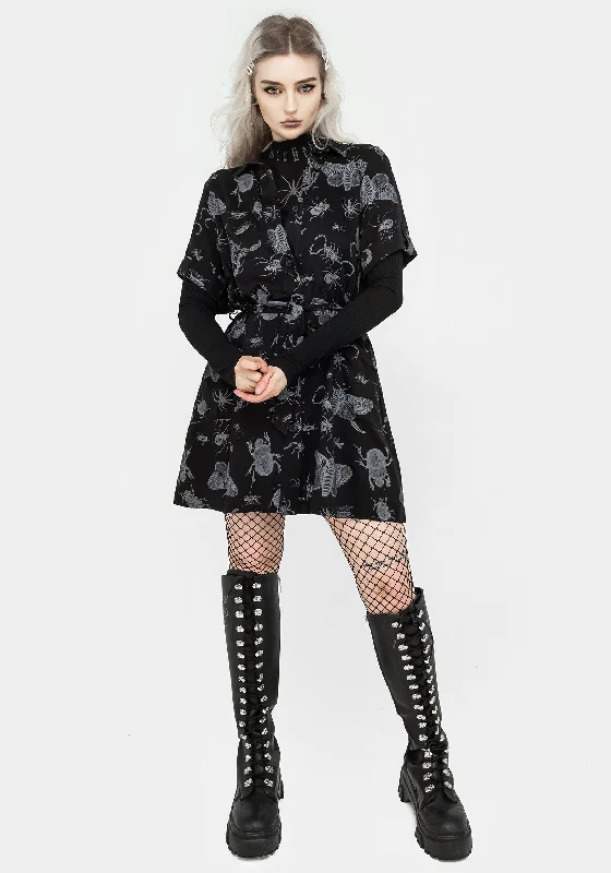 Parasite Bugs Short Sleeve Mini Shirt Dress - Black