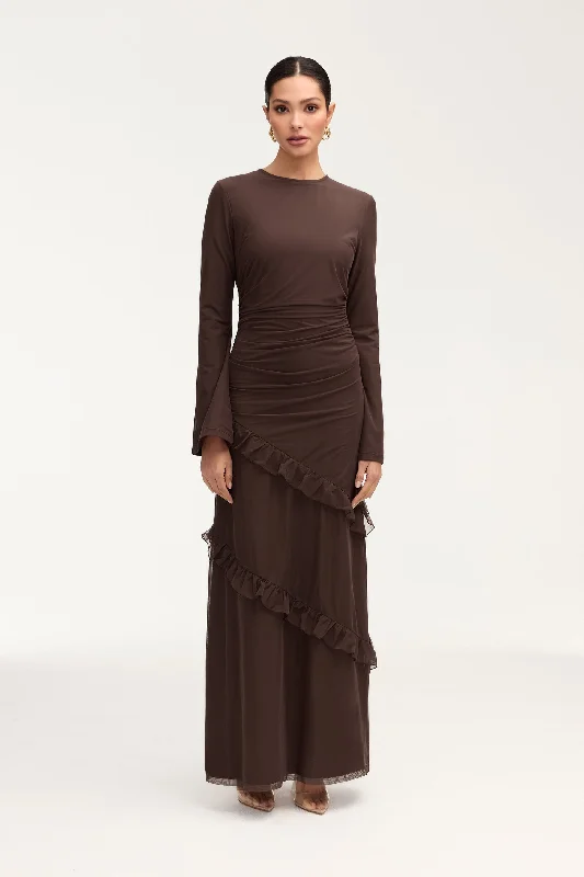 Sabrina Waterfall Mesh Maxi Dress - Espresso