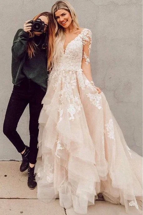 A-line Appliques Champagne Bridal Gown with Sheer Long Sleeves vestido de novia