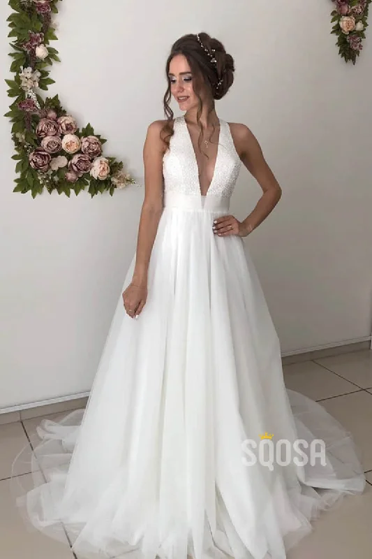 A-line Attractive V-neck Beaded Rustic Wedding Dress Bridal Gown QW2150