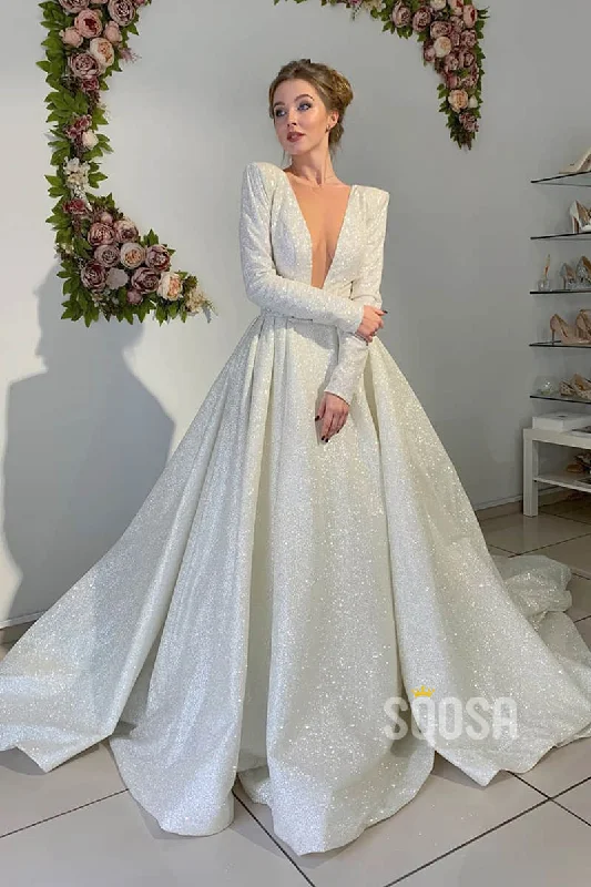 A-line Attractive V-neck Long Sleeves Rustic Wedding Dress Glitter Bridal Gown QW2146