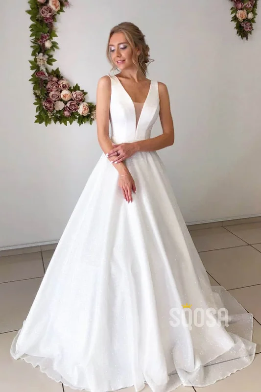 A-line Attractive V-neck Simple Wedding Dress Rustic Wedding Gown QW2157