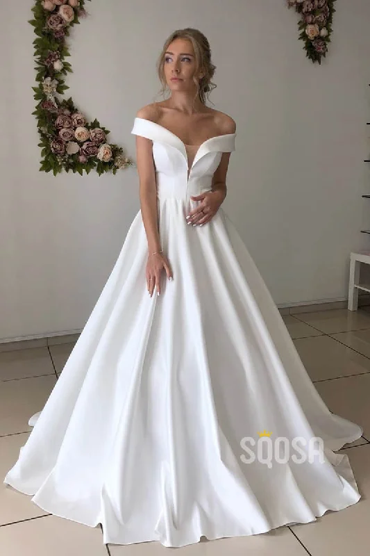 A-line Chic Off-the-Shoulder Ivory Satin Simple Wedding Dress Bridal Gown QW2151