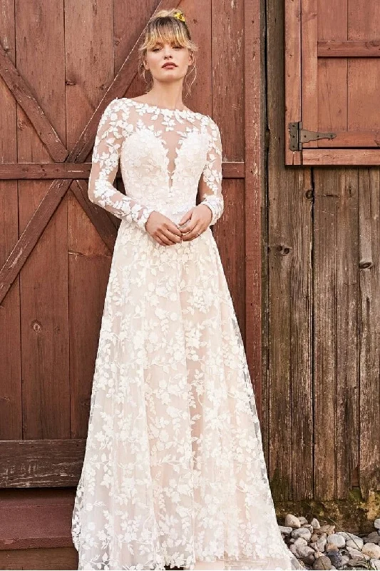 A-line Floral Bridal Gown with Lace Long Sleeves