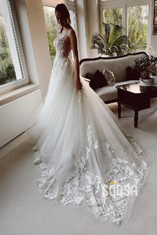 Plunging V-Neck Lace Applique A-line Rustic Wedding Dress Bridal Gown QW2114