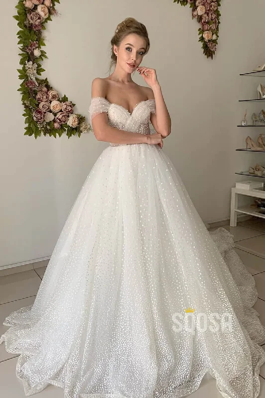 A-line Off-the-Shoulder Chic Tulle Pearls Rustic Wedding Dress Bridal Gown QW2148