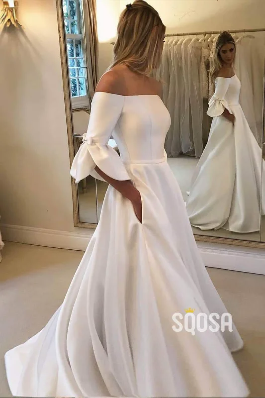 A-line Off-the-Shoulder Ivory Satin Simple Wedding Dress with Pockets QW0940