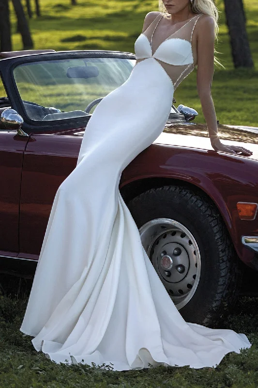 Attractive Illusion Deep V neck Beads Mermaid Wedding Dress QW2138