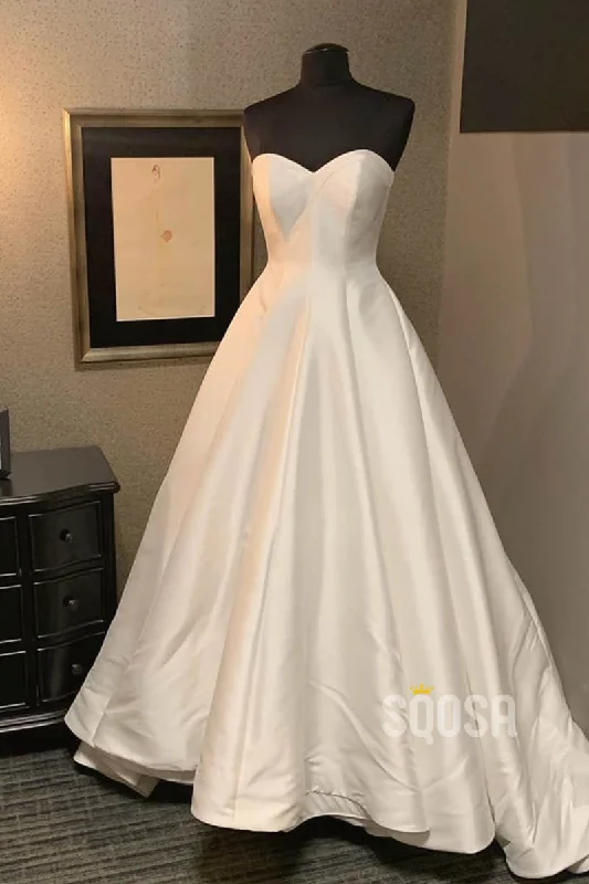 A-line Sweetheart Ivory Satin Rustic Wedding Dress Bridal Gown QW2215