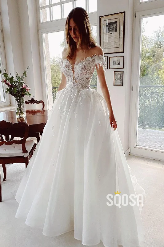 Off Shoulder 3D Applique A-line Rustic Wedding Dresses Bridal Gown QW0825