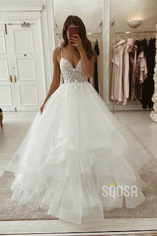 Ball Gown Spaghetti Straps Lace Bodice Princess Wedding Dress Bride Dres QW2095