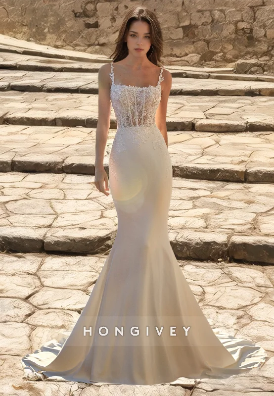 HONGIVEY Lace Mermaid Wedding Dresses with Train Straps Bridal Dress New