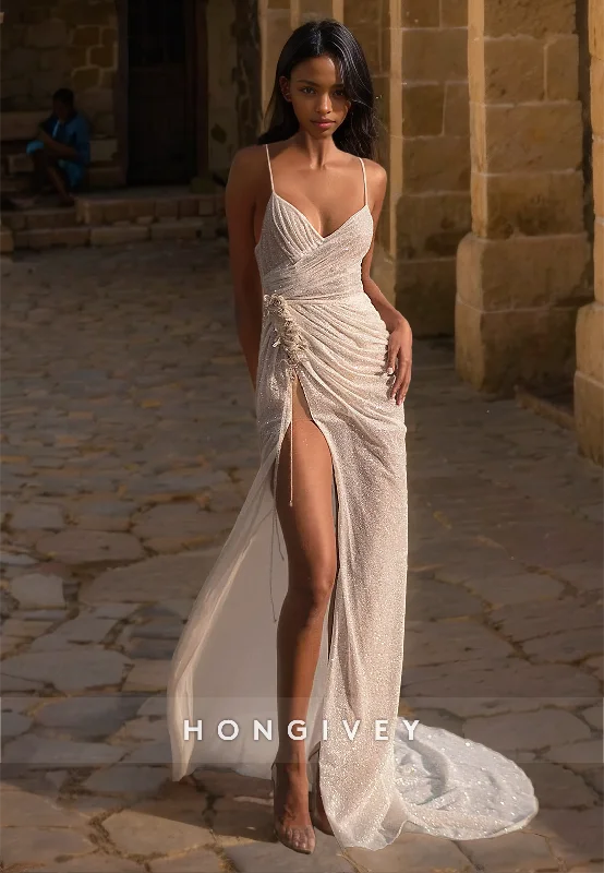 HONGIVEY New Wedding Dresses with Train Glitter Sweetheart High Slit Bride's Dress