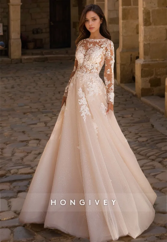 HONGIVEY Lace Wedding Dresses Long Sleeves 2024 Bateau Organza Bridal Dress