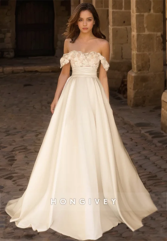 HONGIVEY Elegant Wedding Dresses Off-Shoulder Lace Backless Bride Dress