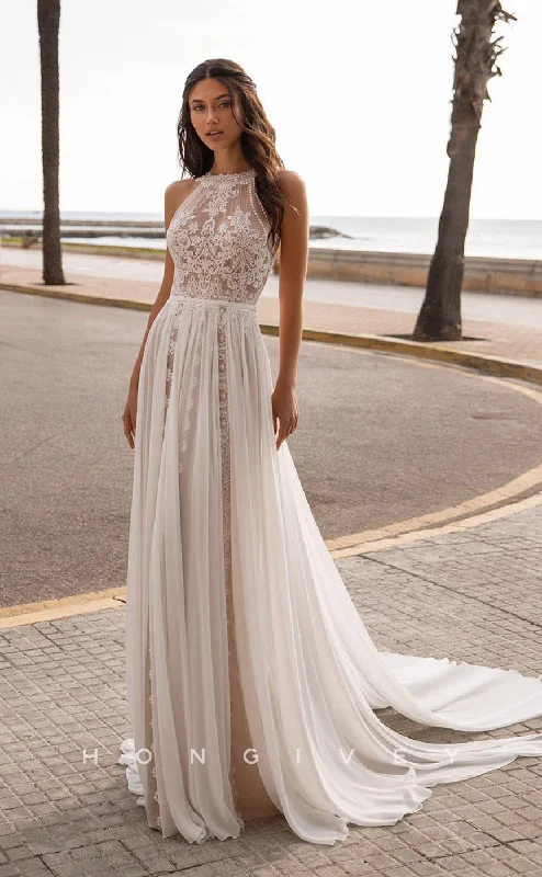 H0856 - Sexy Illusion Fully Floral Lace Embroidered With Train Boho Wedding Dress