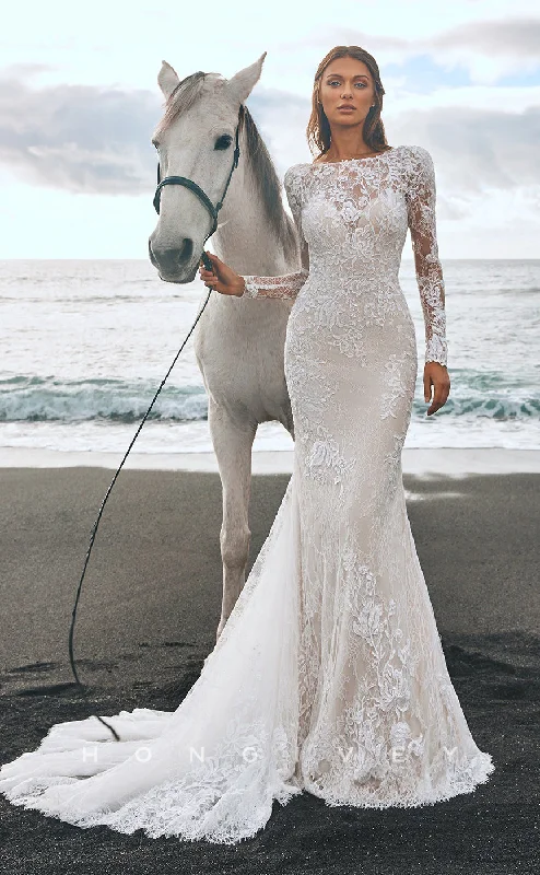 H0861 - Illusion Fully Lace Embroidered Long Sleeve Open Back With Train Wedding Dress