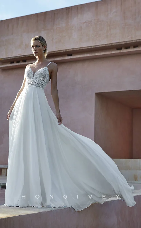 H0866 - Sheer Cutout V-Neck Open Back Ruched With Train Wedding Dress