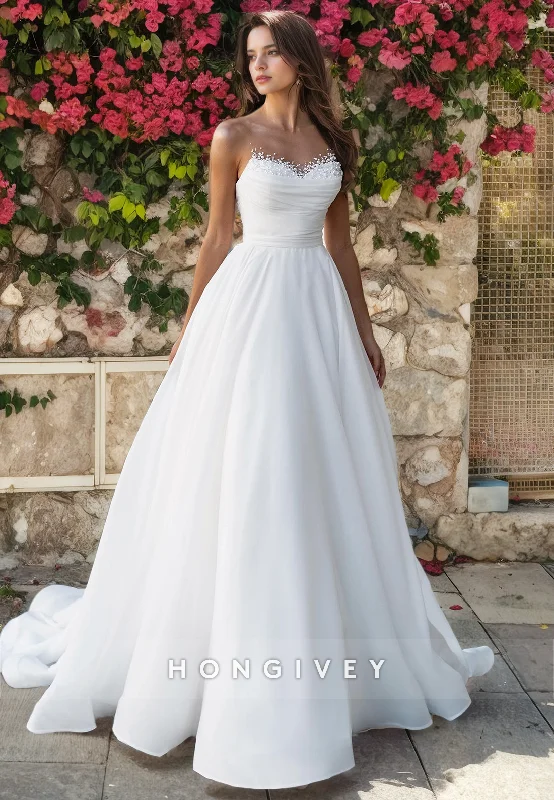 Pearl Embellished Strapless Ruched Open Back With Train Wedding Dress