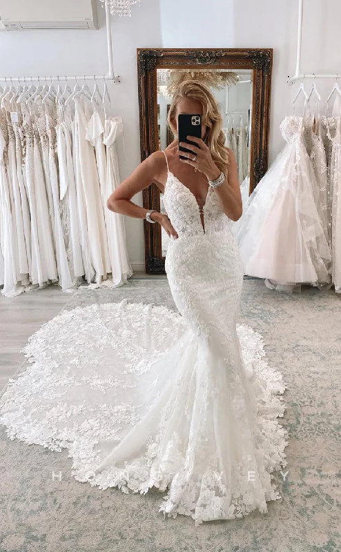 H0890 - Sheer Fully Floral Lace Embroidered Plunging Illusion With Train Wedding Dress