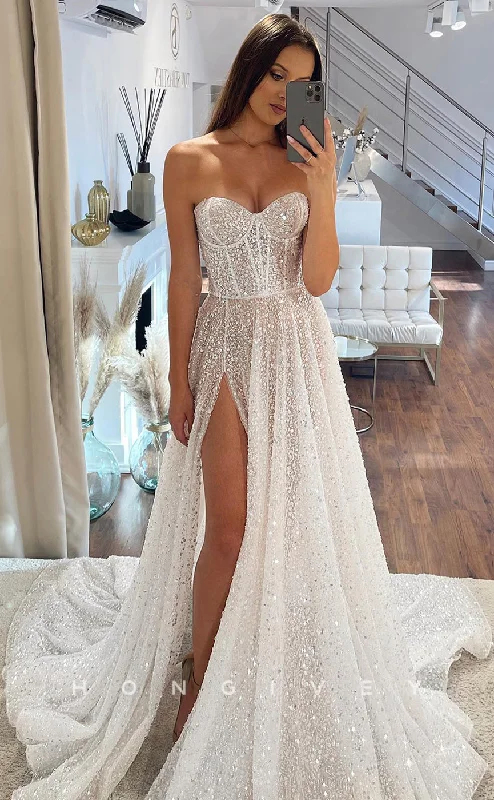 H0920 - Sheer Fully Sequined Strapless With Train And Slit Long Wedding Dress