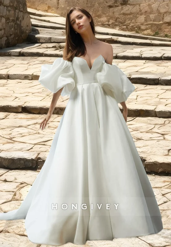 H0942 - Couture Plunging Illusion Puff Sleeves Open Back With Train Long Wedding Dress