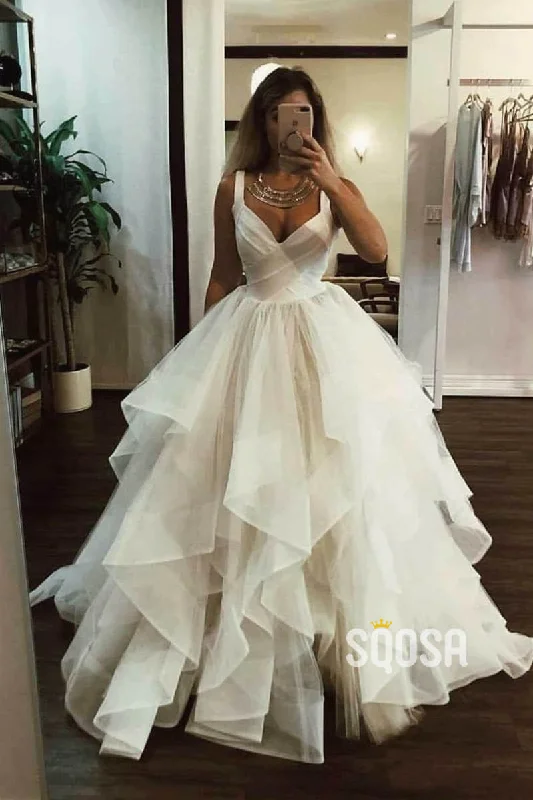 Ball Gown Double Straps V-neck Rustic Wedding Dress Bridal Gown QW2223