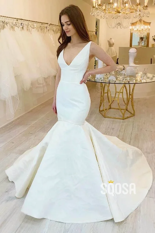 Mermaid/Trumpet Wedding Dress Double Straps V-neck Rustic Wedding Gowns QW2224