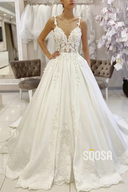 Ball Gown Spaghetti Straps Satin Appliques Rustic Wedding Dress Bridal Gown QW2258