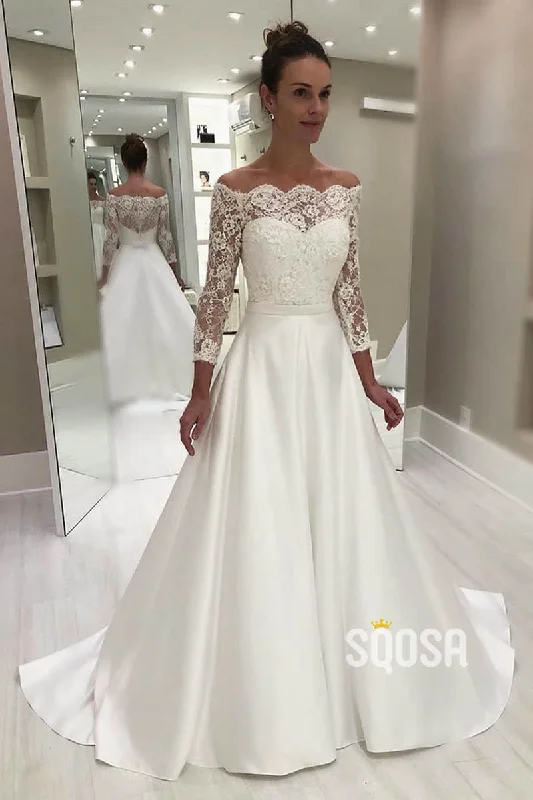 A-line Off-the-Shoulder Lace Long Sleeves Rustic Wedding Dress QW2266