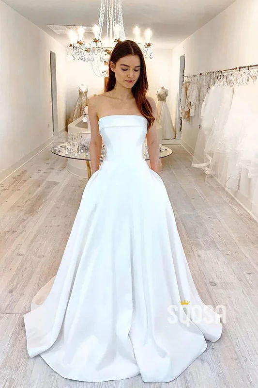 A-line Strapless Ivory Satin Rustic Wedding Dress with Pockets QW2331