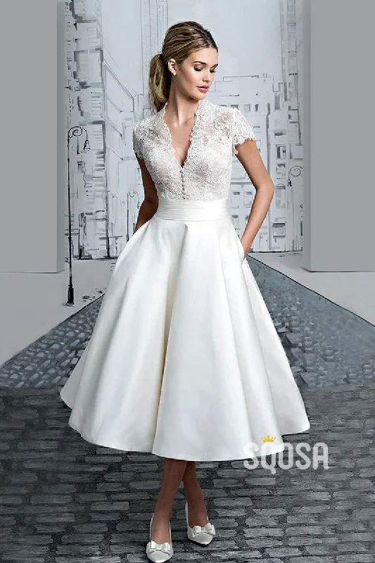 Sexy V-neck Cap Sleeves Lace Bodice Tea Length Beach Wedding Dress with Pockets QW2477