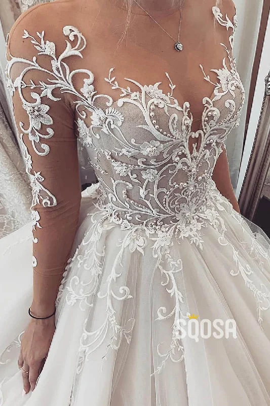 Unique Lace Appliques Long Sleeves A-Line Wedding Dress QW2496