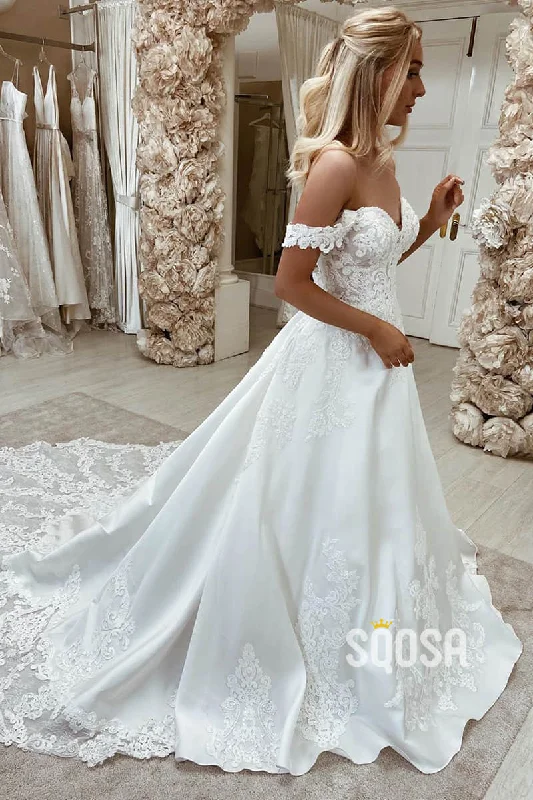 Unique Off-Shoulder Exquisite Lace Appliques A-line Wedding Dress with Court Train QW2557